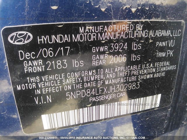 5NPD84LFXJH302983 - 2018 HYUNDAI ELANTRA SEL/VALUE/LIMITED BLUE photo 9