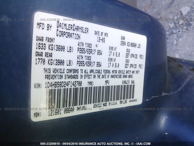 1D4HB58D24F142700 - 2004 DODGE DURANGO LIMITED BLUE photo 9