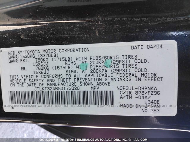 JTLKT324650173020 - 2005 TOYOTA SCION XB Mavi foto 9