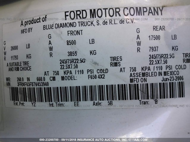 3FRNF65F87V453940 - 2007 FORD F650 SUPER DUTY WHITE photo 10