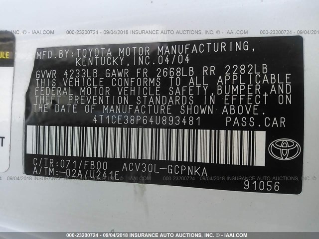 4T1CE38P64U893481 - 2004 TOYOTA CAMRY SOLARA SE/SLE თეთრი ფოტო 9