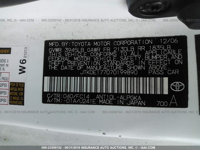 JTKDE177070199890 - 2007 TOYOTA SCION TC 白色 照片 9