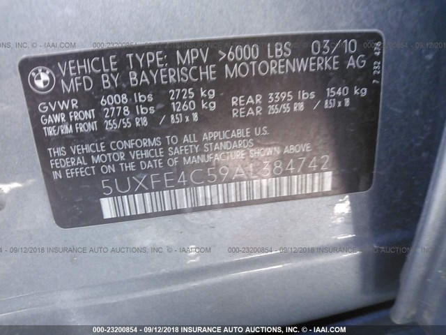 5UXFE4C59AL384742 - 2010 BMW X5 XDRIVE30I Մոխրագույն լուսանկար 9