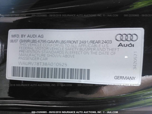 WAURV78T38A010525 - 2008 AUDI S5 QUATTRO BLACK photo 9