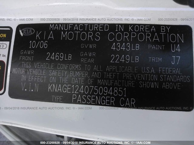 KNAGE124075094851 - 2007 KIA OPTIMA LX/EX WHITE photo 9