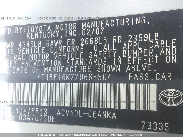 4T1BE46K77U665504 - 2007 TOYOTA CAMRY NEW GENERAT CE/LE/XLE/SE SILVER photo 9