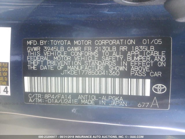 JTKDE177850041360 - 2005 TOYOTA SCION TC 蓝色 照片 9