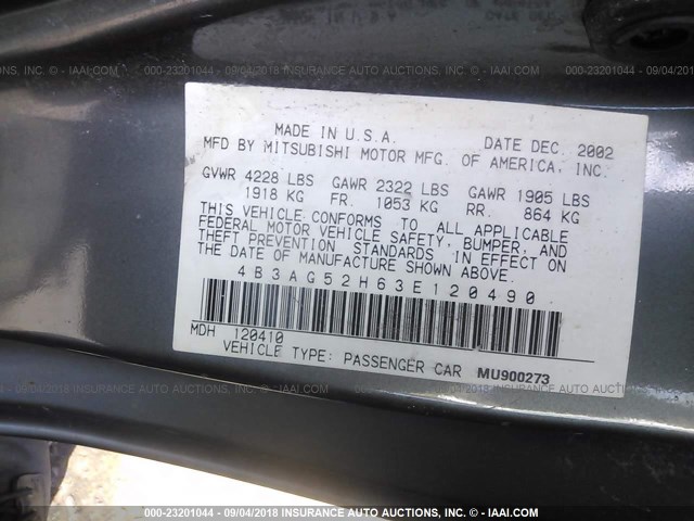 4B3AG52H63E120490 - 2003 DODGE STRATUS R/T GRAY photo 9