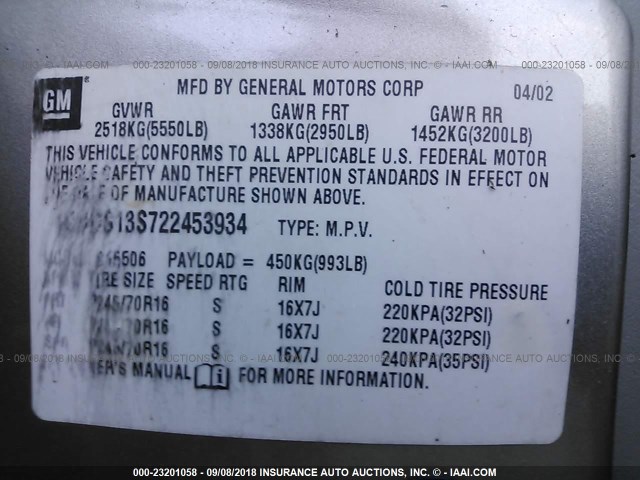 1GNDS13S722453934 - 2002 CHEVROLET TRAILBLAZER  GOLD photo 9