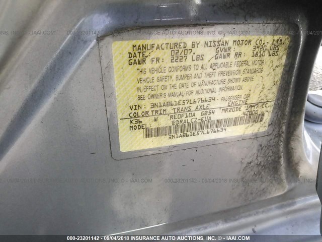 3N1AB61E57L676634 - 2007 NISSAN SENTRA 2.0/2.0S/2.0SL GRAY photo 9