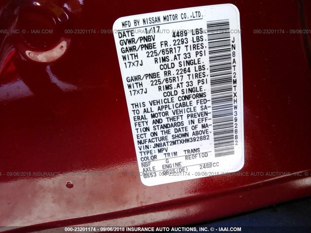 JN8AT2MTXHW392882 - 2017 NISSAN ROGUE S/SL/SV RED photo 9