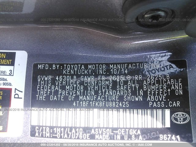 4T1BF1FK8FU882425 - 2015 TOYOTA CAMRY LE/XLE/SE/XSE 灰色 照片 9