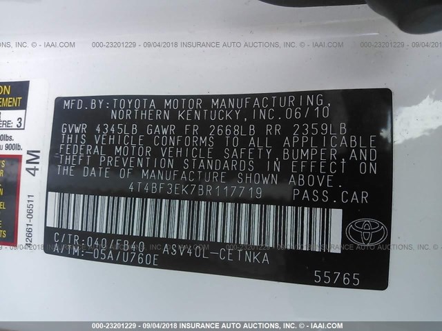 4T4BF3EK7BR117719 - 2011 TOYOTA CAMRY SE/LE/XLE თეთრი ფოტო 9