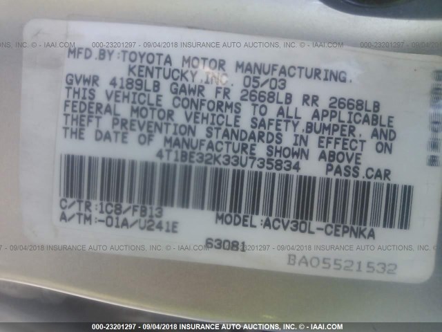 4T1BE32K33U735834 - 2003 TOYOTA CAMRY LE/XLE/SE SILVER photo 9