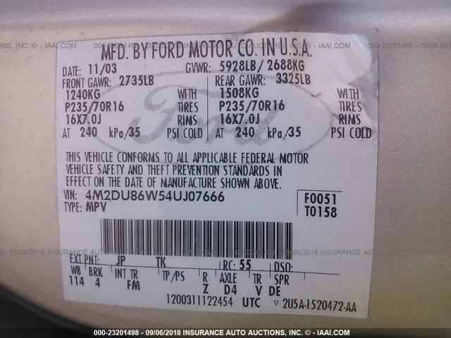 4M2DU86W54UJ07666 - 2004 MERCURY MOUNTAINEER  SILVER photo 9