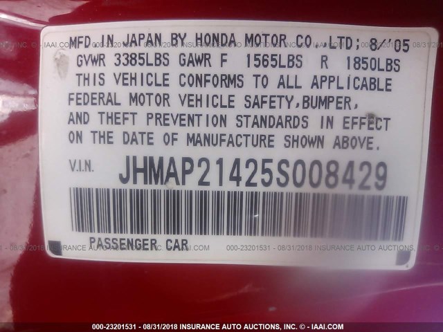 JHMAP21425S008429 - 2005 HONDA S2000 RED photo 9