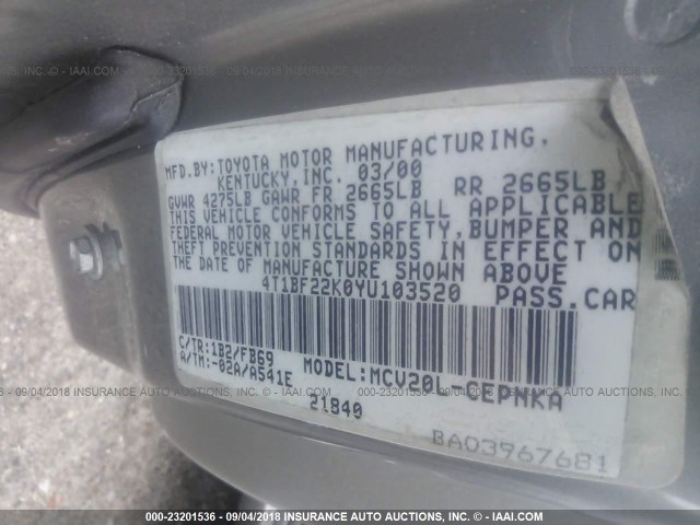 4T1BF22K0YU103520 - 2000 TOYOTA CAMRY LE/XLE GRAY photo 9
