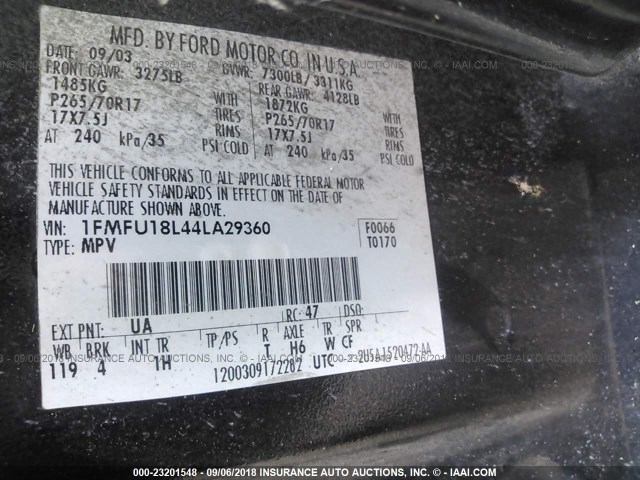 1FMFU18L44LA29360 - 2004 FORD EXPEDITION EDDIE BAUER BLACK photo 9