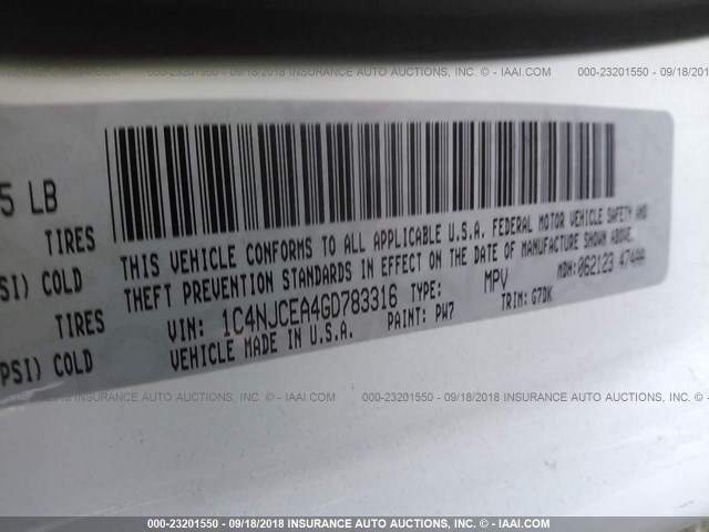 1C4NJCEA4GD783316 - 2016 JEEP COMPASS LATITUDE 白色 照片 9