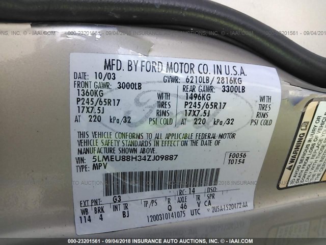 5LMEU88H34ZJ09887 - 2004 LINCOLN AVIATOR 金色 照片 9