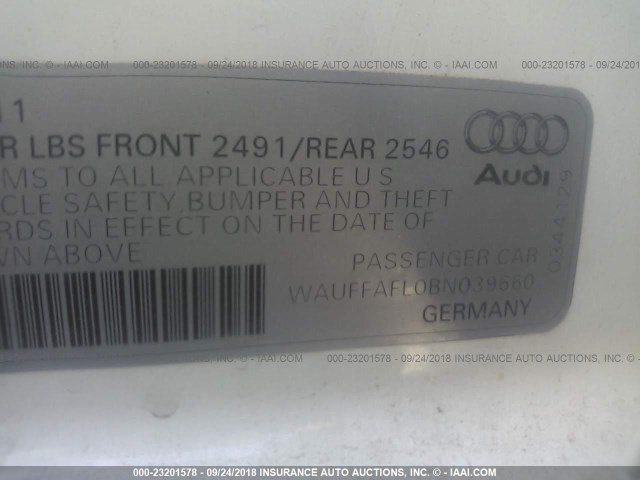 WAUFFAFL0BN039660 - 2011 AUDI A4 PREMIUM PLUS WHITE photo 9