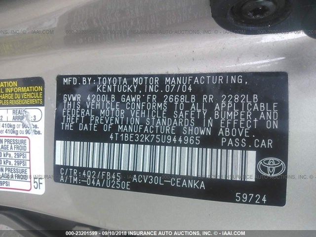 4T1BE32K75U944965 - 2005 TOYOTA CAMRY LE/XLE/SE Qızıl foto 9