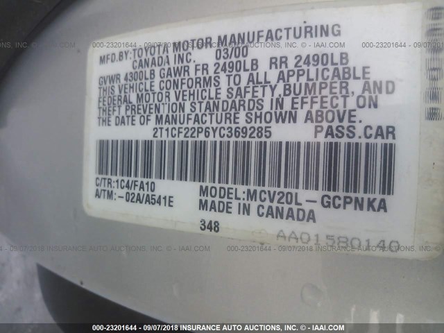 2T1CF22P6YC369285 - 2000 TOYOTA CAMRY SOLARA SE/SLE Gümüş foto 9