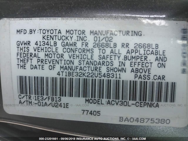 4T1BE32K22U548311 - 2002 TOYOTA CAMRY LE/XLE/SE Boz foto 9