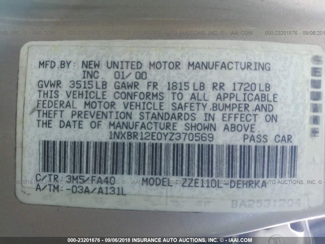 1NXBR12E0YZ370569 - 2000 TOYOTA COROLLA VE/CE/LE 棕色 照片 9