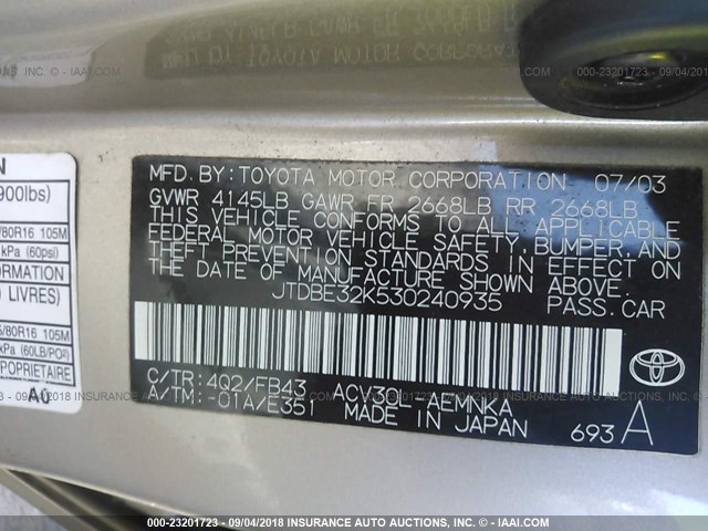 JTDBE32K530240935 - 2003 TOYOTA CAMRY LE/XLE 棕色 照片 9