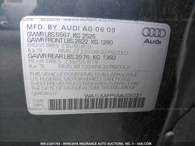 WA1LKAFP5AA009221 - 2010 AUDI Q5 PREMIUM PLUS BLUE photo 9