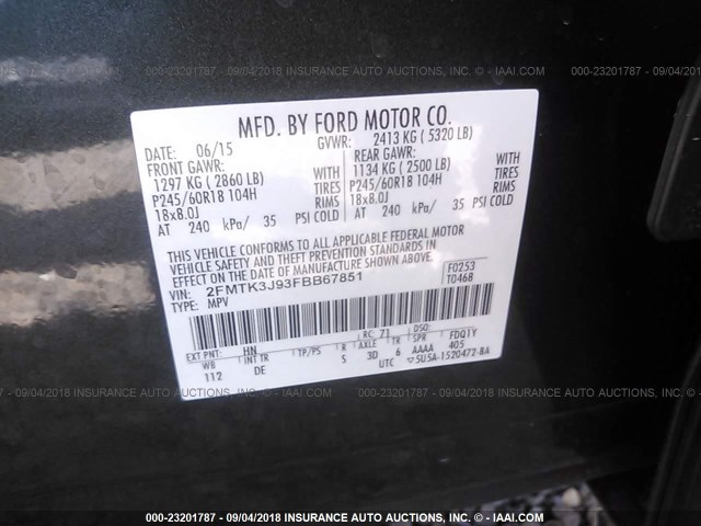 2FMTK3J93FBB67851 - 2015 FORD EDGE SEL GRAY photo 9