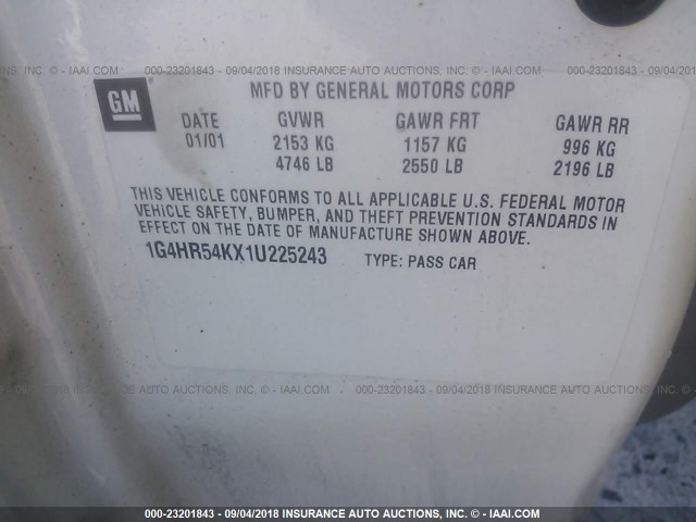 1G4HR54KX1U225243 - 2001 BUICK LESABRE LIMITED WHITE photo 9