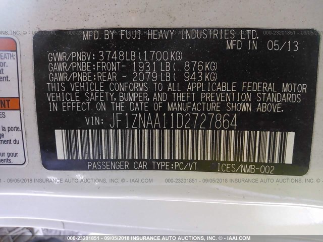 JF1ZNAA11D2727864 - 2013 TOYOTA SCION FR-S WHITE photo 9