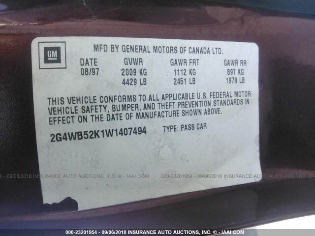 2G4WB52K1W1407494 - 1998 BUICK REGAL LS 栗色 照片 9