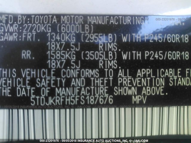 5TDJKRFH5FS187676 - 2015 TOYOTA HIGHLANDER XLE 白色 照片 9