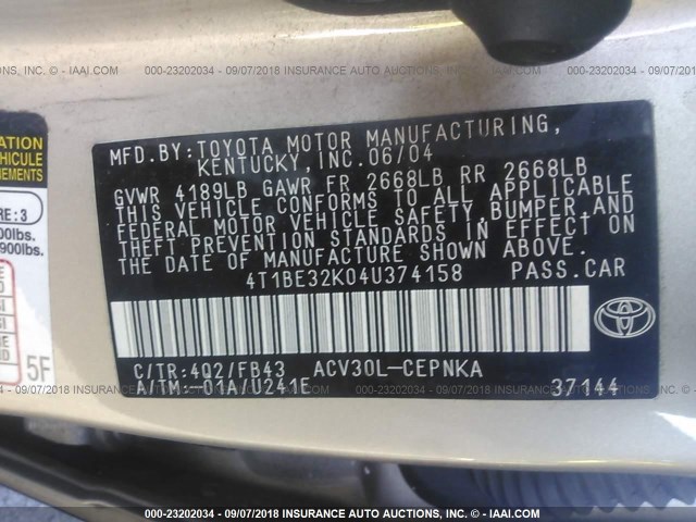 4T1BE32K04U374158 - 2004 TOYOTA CAMRY LE/XLE/SE Қоңыр фото 9