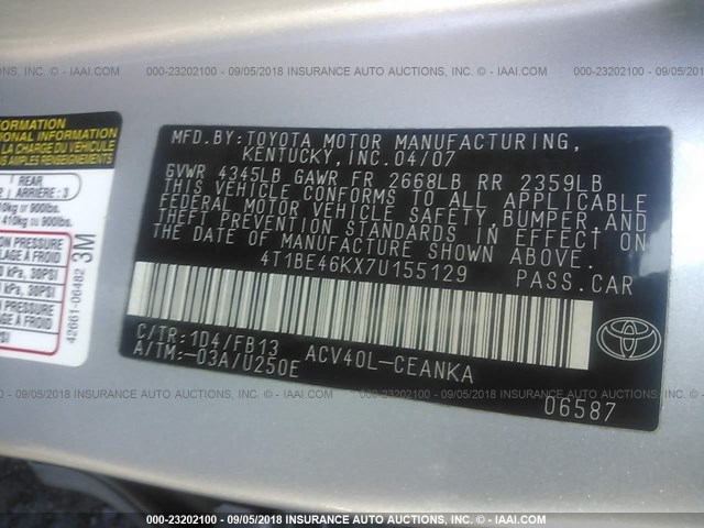 4T1BE46KX7U155129 - 2007 TOYOTA CAMRY NEW GENERAT CE/LE/XLE/SE SILVER photo 9