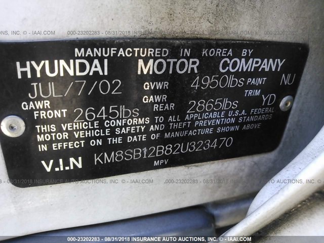 KM8SB12B82U323470 - 2002 HYUNDAI SANTA FE GL WHITE photo 9