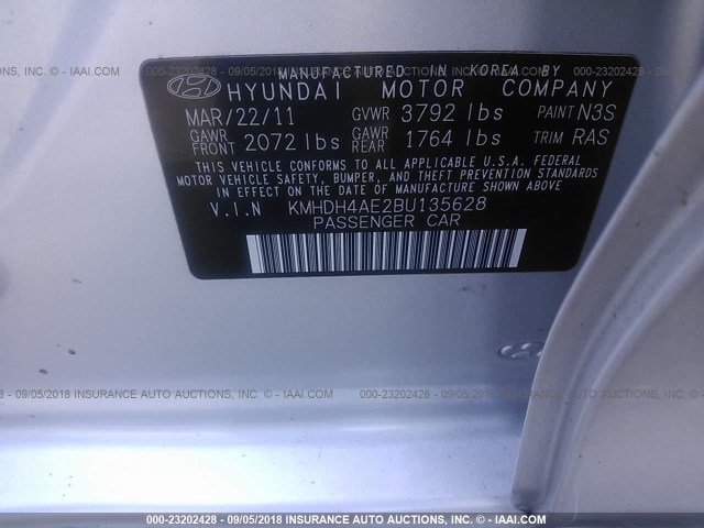 KMHDH4AE2BU135628 - 2011 HYUNDAI ELANTRA GLS/LIMITED Արծաթագույն լուսանկար 9