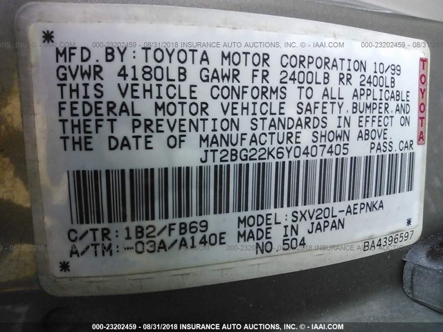 JT2BG22K6Y0407405 - 2000 TOYOTA CAMRY CE/LE/XLE 棕色 照片 9