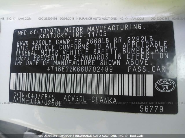 4T1BE32K66U702489 - 2006 TOYOTA CAMRY LE/XLE/SE 白色 照片 9