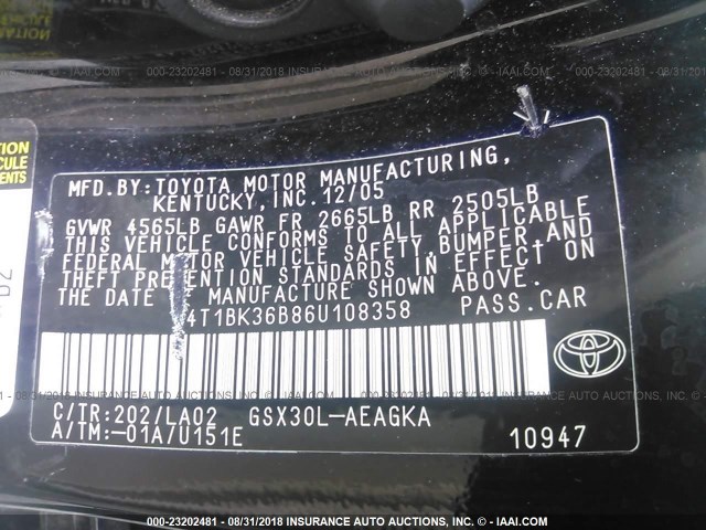 4T1BK36B86U108358 - 2006 TOYOTA AVALON XL/XLS/TOURING/LIMITED BLACK photo 9