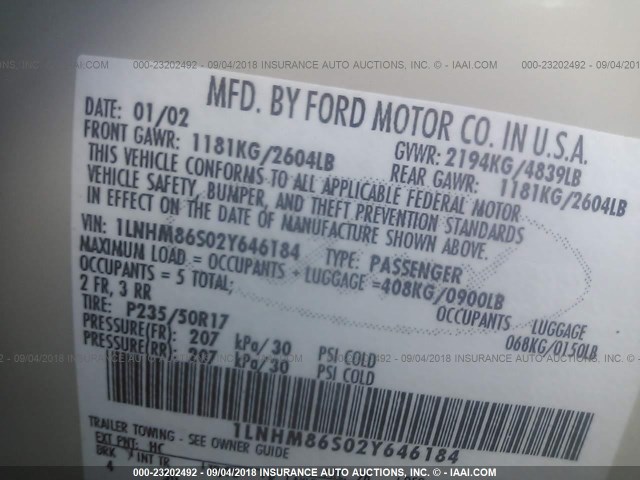 1LNHM86S02Y646184 - 2002 LINCOLN LS თაფლისფერი ფოტო 9