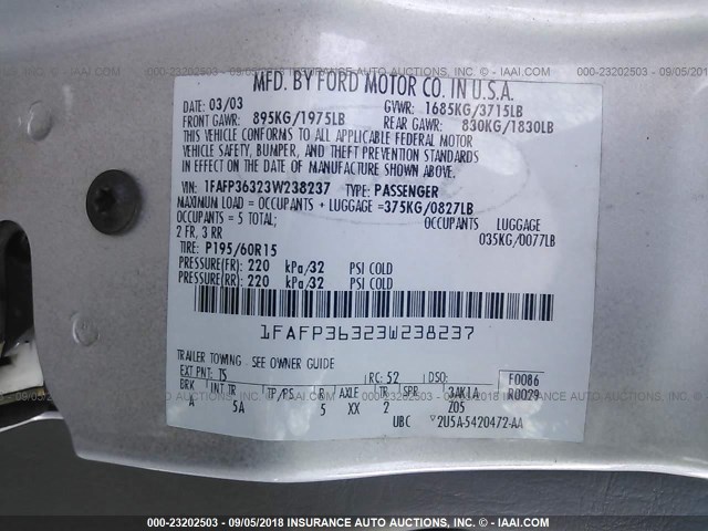 1FAFP36323W238237 - 2003 FORD FOCUS SE/SE SPORT/ZTW SILVER photo 9