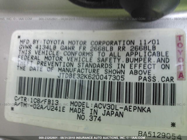 JTDBE32K620047305 - 2002 TOYOTA CAMRY LE/XLE/SE SILVER photo 9