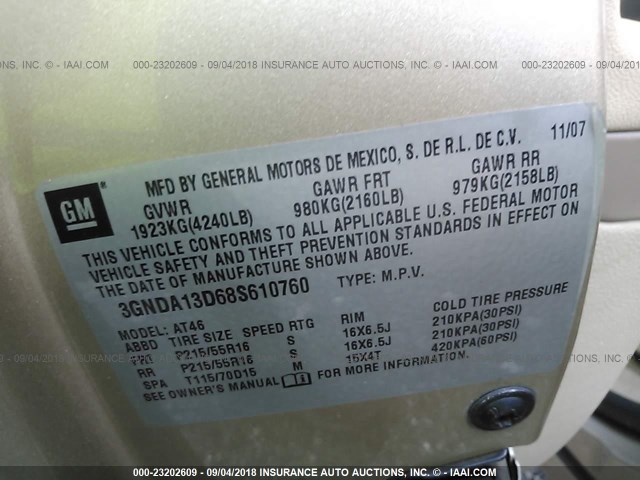 3GNDA13D68S610760 - 2008 CHEVROLET HHR LS Champagne photo 9