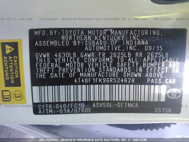 4T4BF1FK9GR524628 - 2016 TOYOTA CAMRY LE/XLE/SE/XSE 白色 照片 9