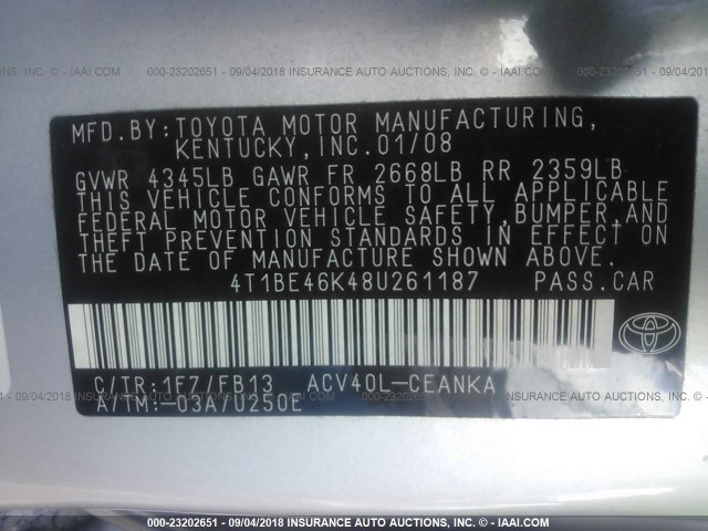 4T1BE46K48U261187 - 2008 TOYOTA CAMRY CE/LE/XLE/SE SILVER photo 9