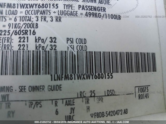 1LNFM81WXWY680155 - 1998 LINCOLN TOWN CAR EXECUTIVE WHITE photo 9